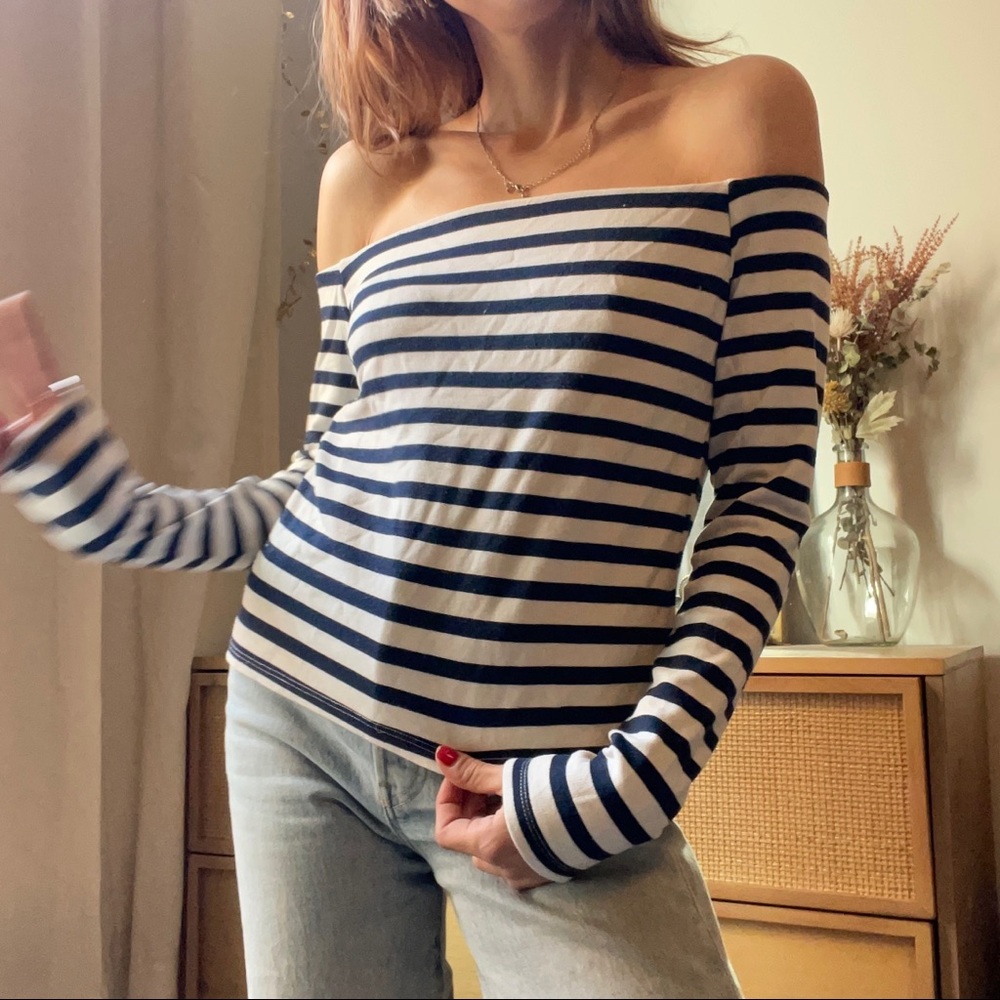 WEEKDAY Off the Shoulder French Navy Striped Shirt - MTWTFSS
